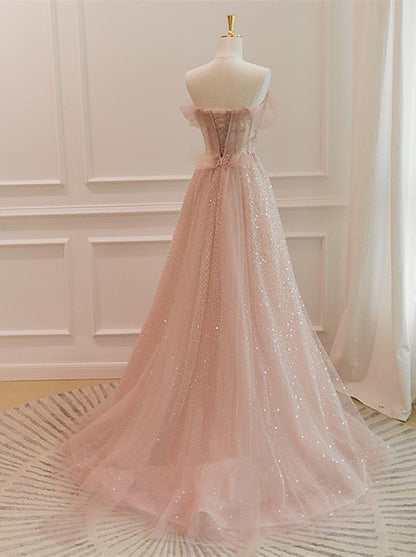 Sparkle A Line Off The Shoulder Sweetheart Tulle with Beadings Long Formal Dress, Evening Dresses GG255
