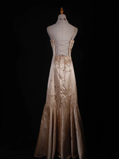 Gorgeous Mermaid Spaghetti Straps Champagne Satin Sequin Beaded Long Prom Dress, Party Dress, Evening Dress GG2573