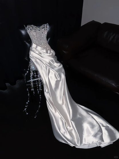 Stunning Mermaid Strapless Satin Beaded Long Prom Dress, Party Dress, Evening Dress GG2609