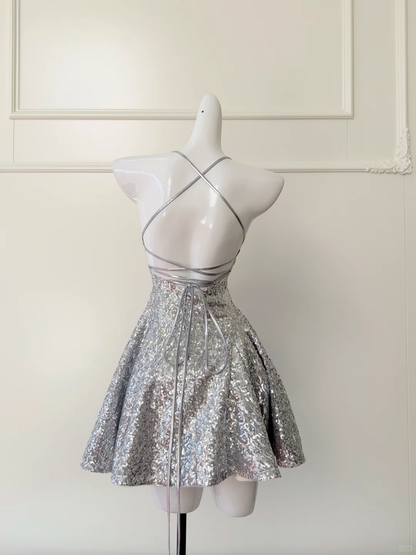Shiny A Line Halter Silver Sequin Short Prom Dress,Homecoming Dress,Birthday Dress GG2622