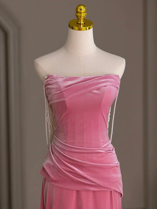 Elegant Mermaid Strapless Dusty Rose Velvet Beading Long Prom Gresses,Evening Dresses  GG264