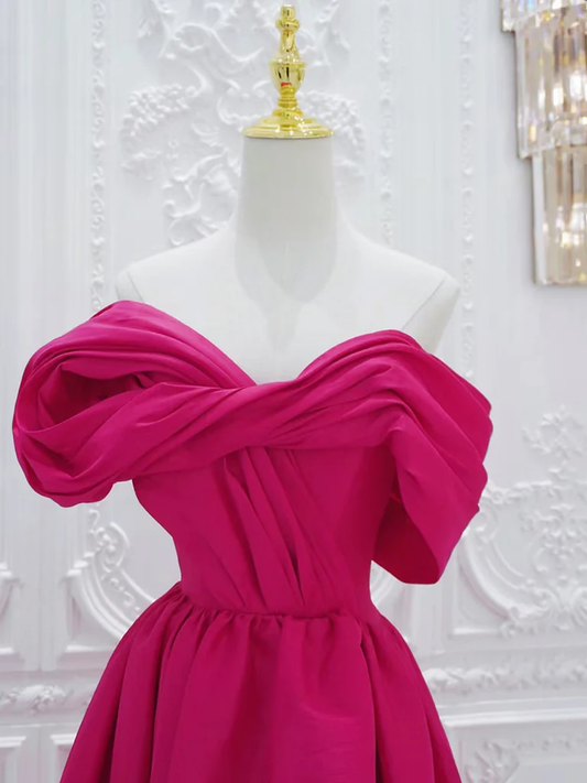 Simple A Line Off The Shoulder High Low Satin Rose Red Long Prom Dress, Evening Dress GG270