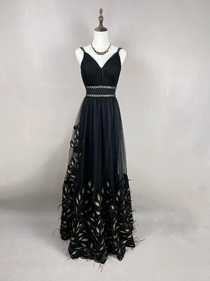 Classy A Line Spaghetti Straps Black Satin Tulle Feather Long Prom Dress, Party Dress, Evening Dress GG2729