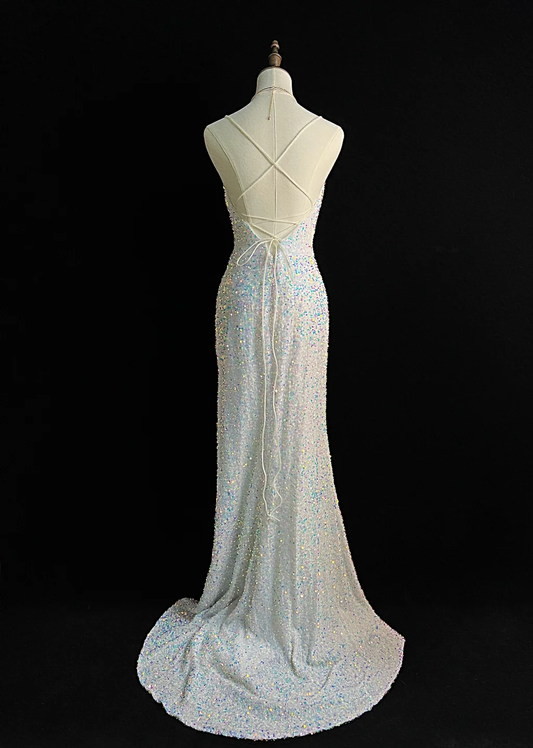 Shiny Mermaid Spaghetti Straps Sequin Slit Tassel Long Prom Dress, Party Dress, Evening Dress GG2732