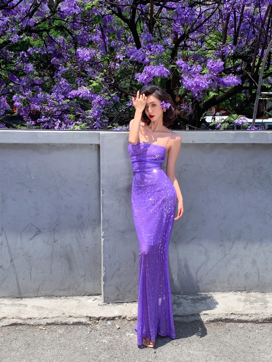 Shiny Mermaid Spaghetti Straps Purple Sequin Long Prom Dress, Party Dress, Evening Dress GG2757