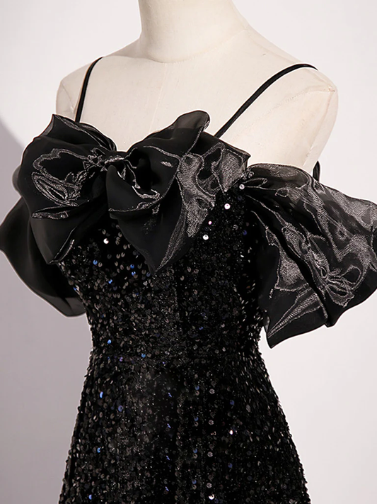 Shiny A Line Off The Shoulder Black Bow Tulle Sequins Long Prom Dress, Evening Dress GG277