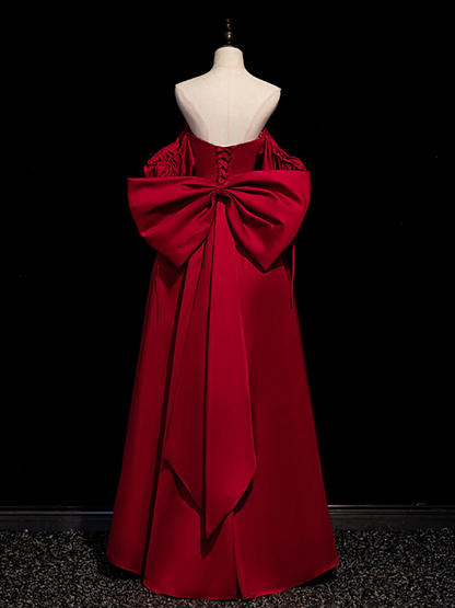 Chic A Line Strapless Satin Back Bow Burgundy Long Prom Dress, Evening Dress GG280