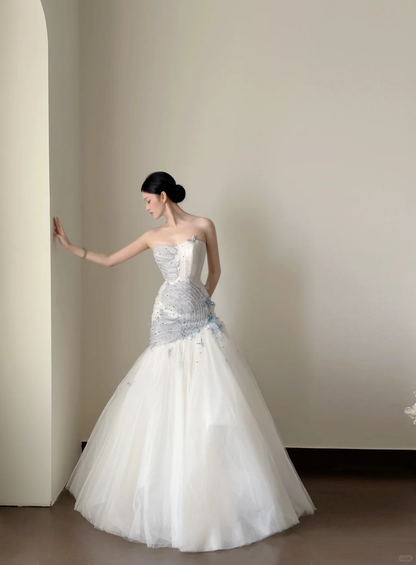 Pretty Mermaid Strapless Tulle Beaded Long Prom Dress, Wedding Dress, Evening Dress GG2839