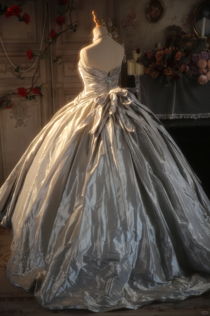 Vintage Ball Gown Strapless Satin Tulle Applique Long Prom Dress, Party Dress, Evening Dress GG2873