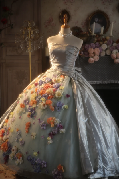 Vintage Ball Gown Strapless Satin Tulle Applique Long Prom Dress, Party Dress, Evening Dress GG2873