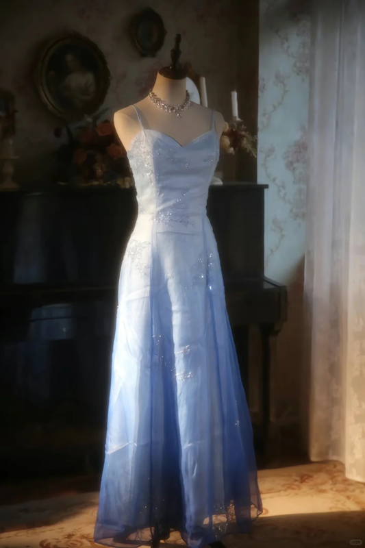 Classy A Line Spaghetti Straps Satin Tulle Beaded Long Prom Dress, Party Dress, Evening Dress GG2881