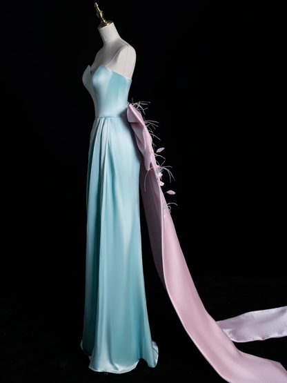 Pretty Mermaid Strapless Light Blue Satin Back With Bow Long Prom Dress, Party Dress, Evening Dress GG2896