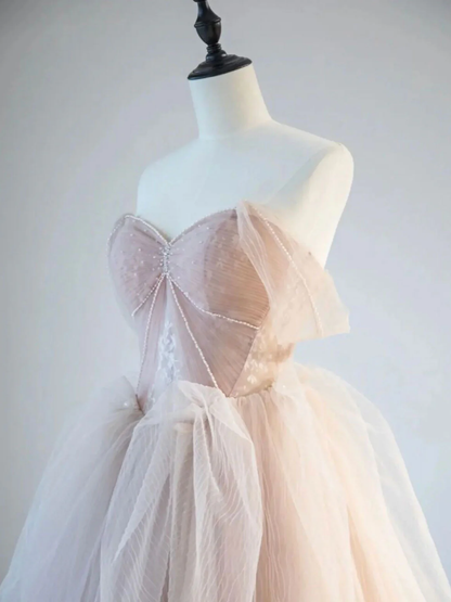 Elegant A Line Champagne Pink Off The Shoulder Tulle Lace Beading Long Prom Dress, Evening Dress GG290