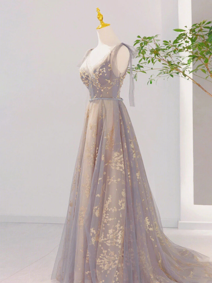 Chic A Line V Neck Beaded Applique Tulle Long Prom Dress, Evening Dress GG291