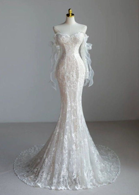 Dreamy Mermaid Strapless Tulle Lace Wedding Dress GG2934
