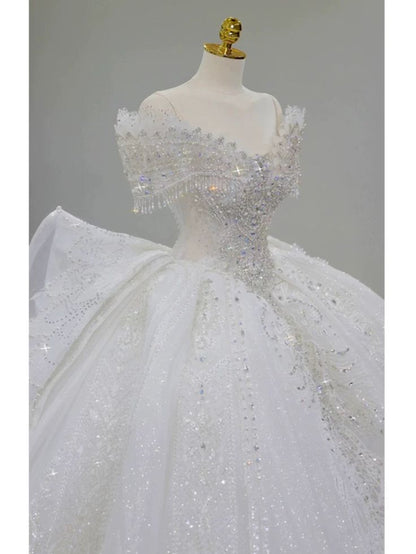 Timeless Ball Gown Off The Shoulder White Tulle Sequin Beaded Long Wedding Dress GG2960