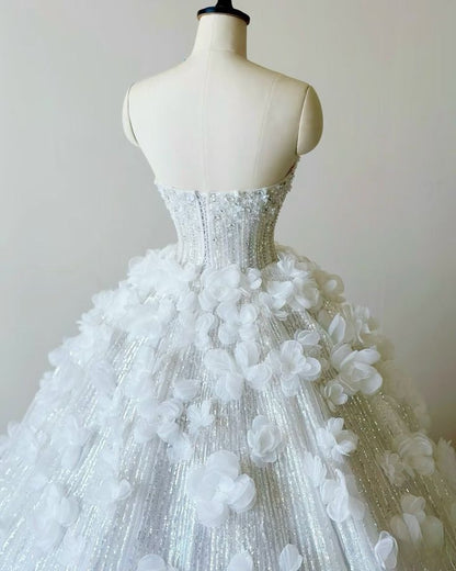 Dreamy Ball Gown Strapless Satin Sequin Applique Long Wedding Dress GG2961