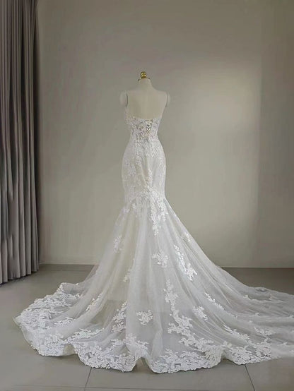 Classy Mermaid Off The Shoulder White Tulle Applique Long Wedding Dress GG2967