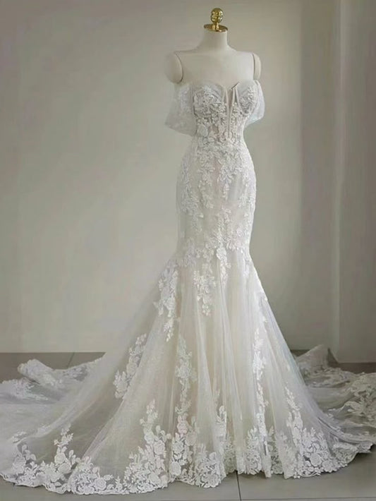 Classy Mermaid Off The Shoulder White Tulle Applique Long Wedding Dress GG2967