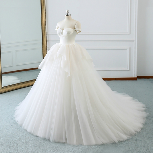 Classy Elegant Ball Gown Off The Shoulder White Satin Tulle Long Wedding Dress GG2971