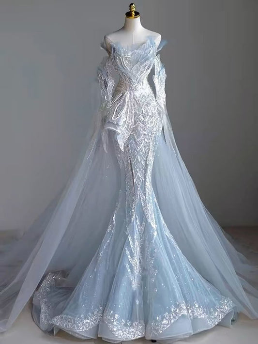 Dreamy Mermaid Off The Shoulder Tulle Sequin Beaded Long Sleeves Long Wedding Dress GG3006