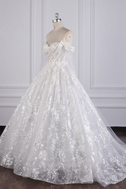 Timeless A Line Off The Shoulder White Tulle Applique Long Sleeves Long Wedding Dress GG3011