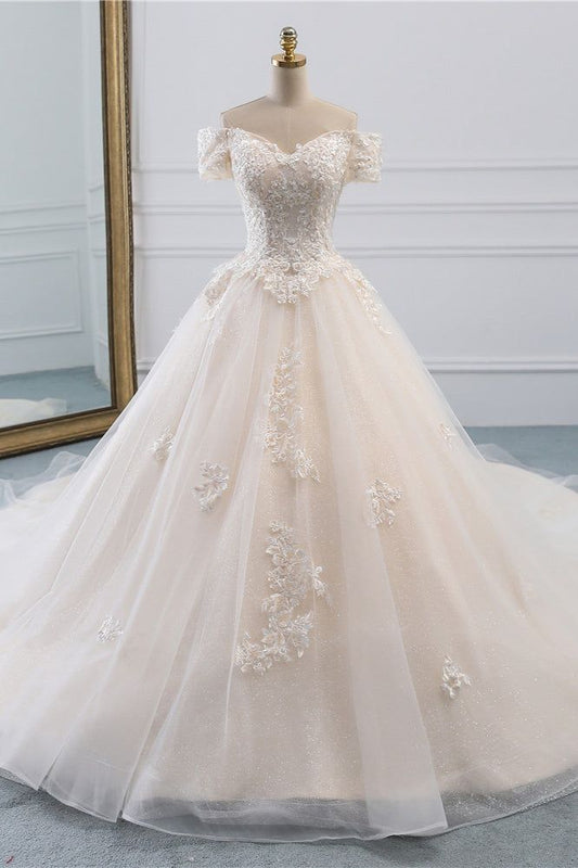 Classy Elegant A Line Off The Shoulder Light Champagne Tulle Applique With Train Short Sleeves Long Wedding Dress GG3012