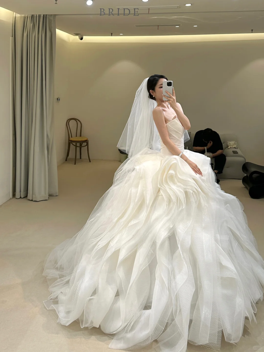 Classy Ball Gown Strapless Ivory Satin Tulle With Veil Long Wedding Dress GG3015
