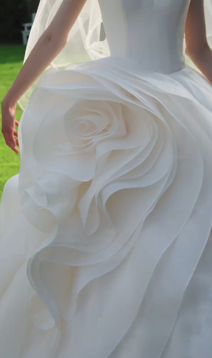 Vintage Ball Gown Strapless White Satin Tulle With Veil Long Wedding Dress GG3019