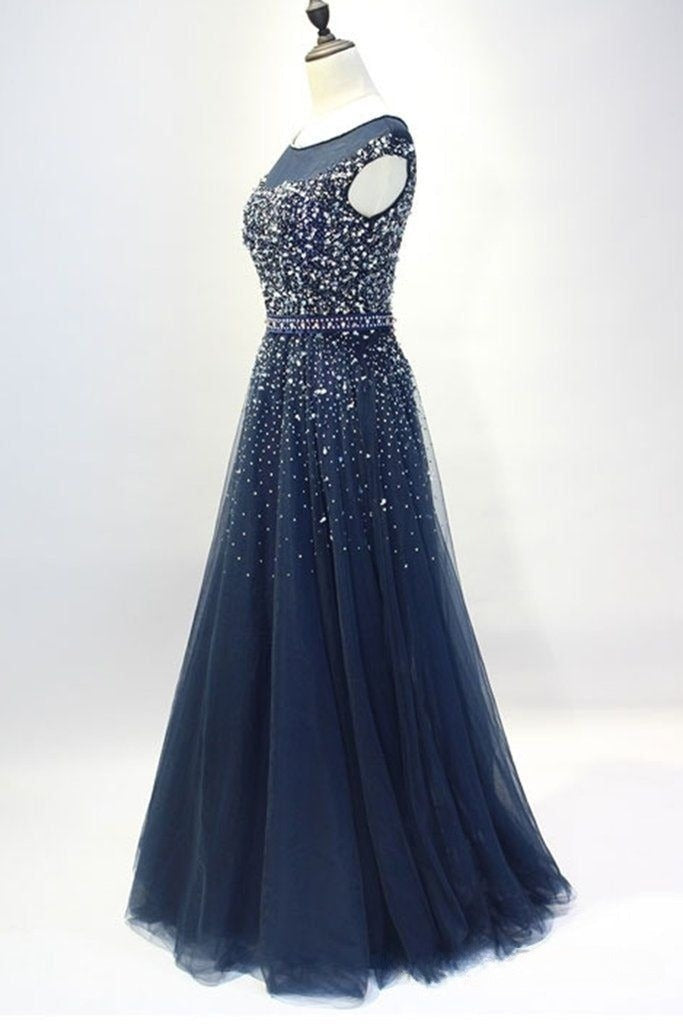 Navy Blue A Line Tulle Beaded Long Mother Of Bride Dress,Evening Dress GG3046