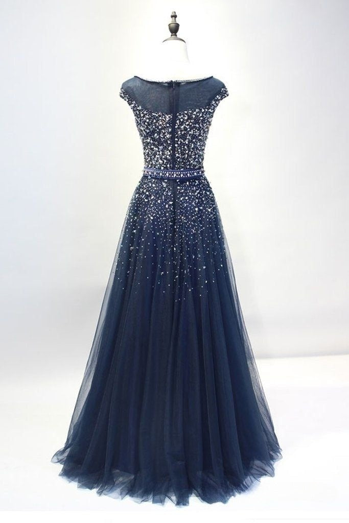 Navy Blue A Line Tulle Beaded Long Mother Of Bride Dress,Evening Dress GG3046
