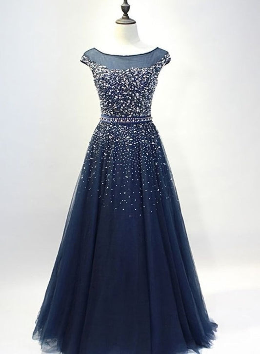Navy Blue A Line Tulle Beaded Long Mother Of Bride Dress,Evening Dress GG3046