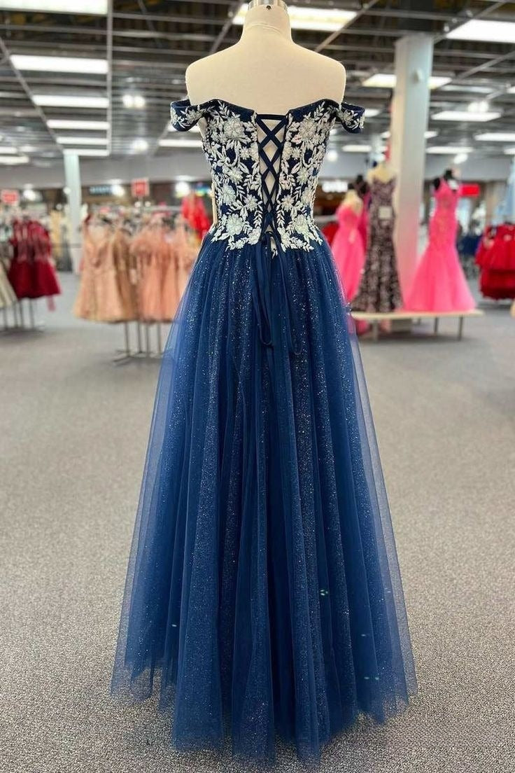 Classy A Line Off The Shoulder Navy Blue Tulle Sequin Long Mother Of Bride Dress,Evening Dress GG3047