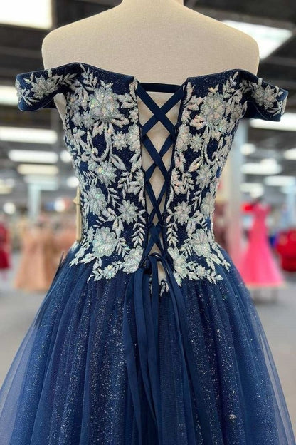 Classy A Line Off The Shoulder Navy Blue Tulle Sequin Long Mother Of Bride Dress,Evening Dress GG3047