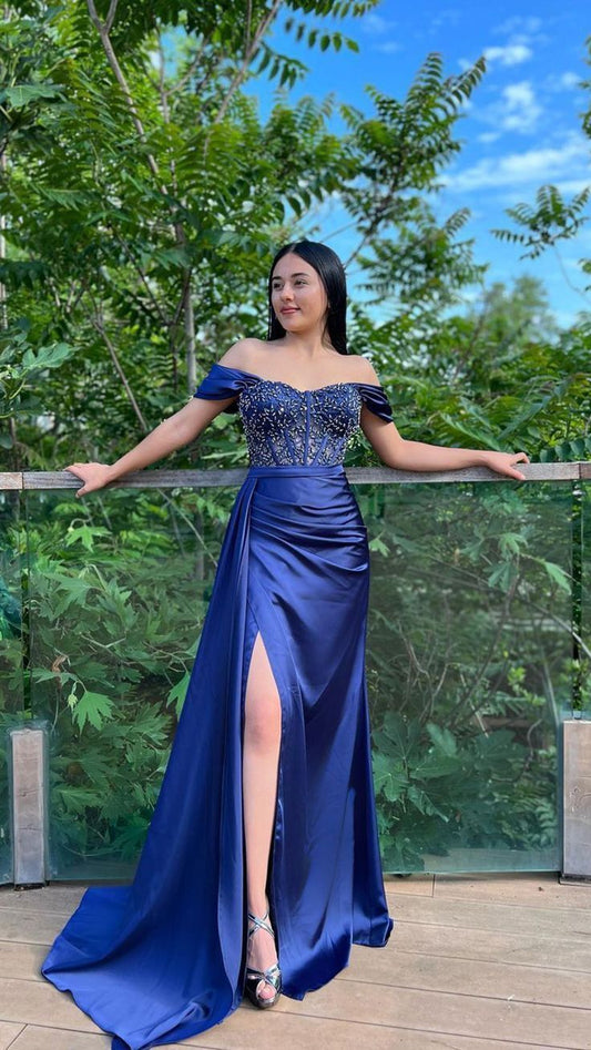 Royal Blue Classy Mermaid Off The Shoulder Satin Beaded Slit Long Mother Of Bride Dress,Evening Dress GG3052