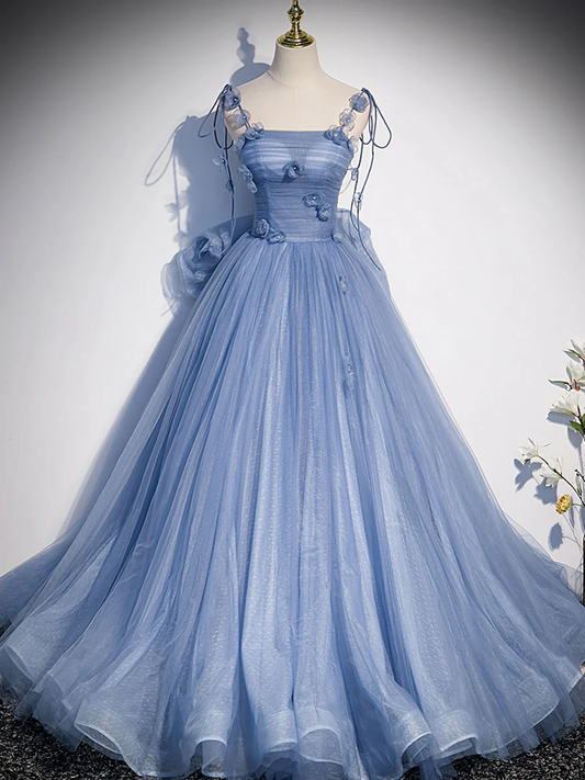 Delicate A Line Spaghetti Straps Blue 3D Floral Beaded Back Bow Tulle Long Prom Dress,Evening Dress GG305