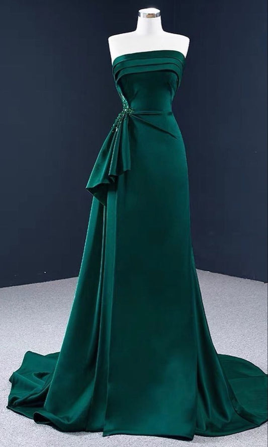 Elegant Emerald Green A Line Strapless Satin Long Mother Of Bride Dress,Evening Dress GG3061