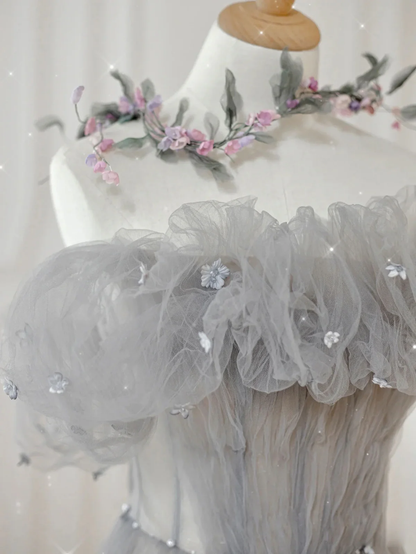Delicate A Line Off The Shoulder Gray Tulle Floral Belt Long Prom Dress,Evening Dress GG307