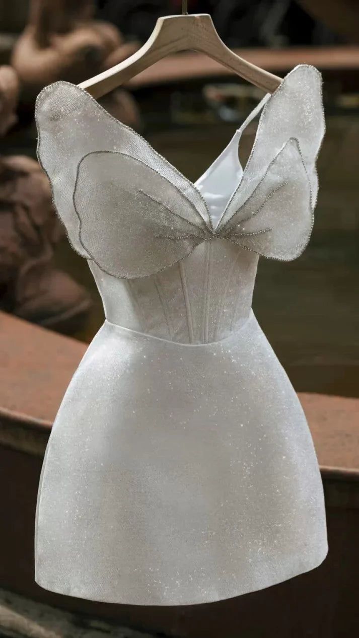 Princess A Line Spaghetti Straps Satin Sequin Short Prom Dress,Homecoming Dress,Birthday Dress GG3084