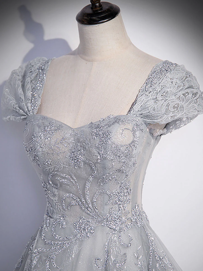 Delicate A LineSweetheart Gray Tulle Applique Long Prom Dress,Evening Dress GG308