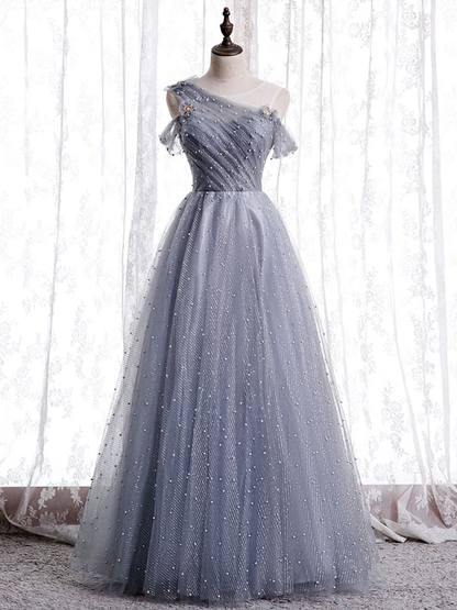 Delicate A Line One Shoulder Gray Tulle Beaded Long Prom Dress,Evening Dress GG310