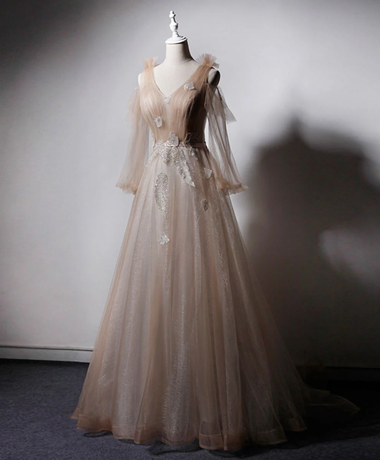 Delicate A Line V Neck Tulle Long Sleeves Applique Long Prom Dress,Evening Dress GG312