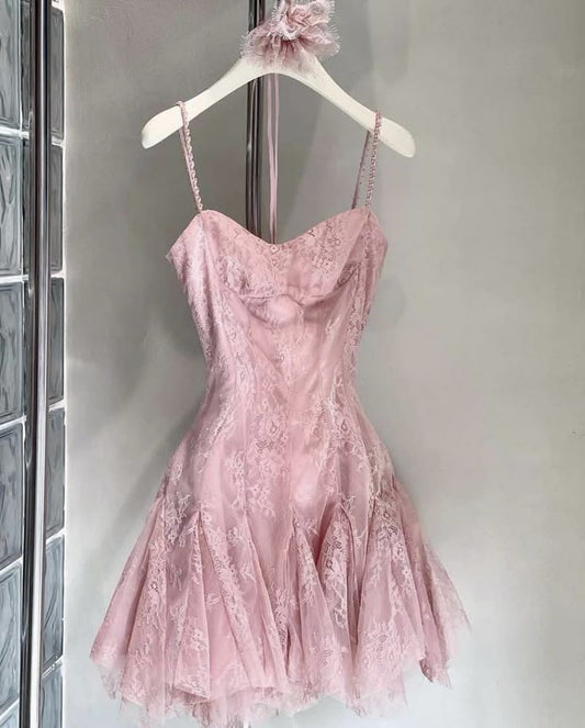 Pretty A Line Spaghetti Straps Tulle Lace Short Prom Dress,Homecoming Dress,Birthday Dress GG3160