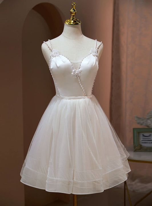 Cute A Line Spaghetti Straps Satin Tulle Beaded Short Prom Dress,Homecoming Dress,Birthday Dress GG3180