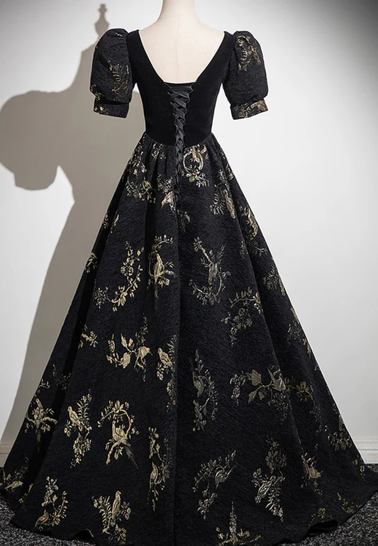 Elegant A Line Sweetheart Black Velvet Floral Satin Short Bubble Sleeves Long Prom Dress,Evening Dress GG321