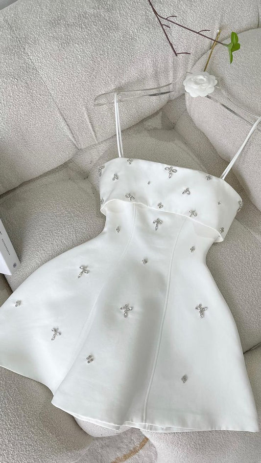 Cute A Line Spaghetti Straps White Satin Beaded Short Prom Dress,Homecoming Dress,Birthday Dress GG3227