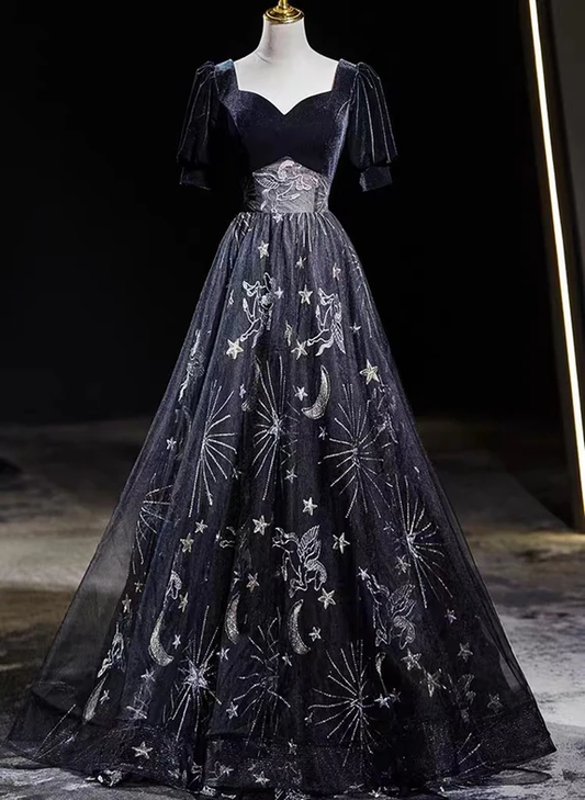 Elegant A Line Sweetheart Black Velvet Floral Tulle Short Bubble Sleeves Long Prom Dress,Evening Dress GG322