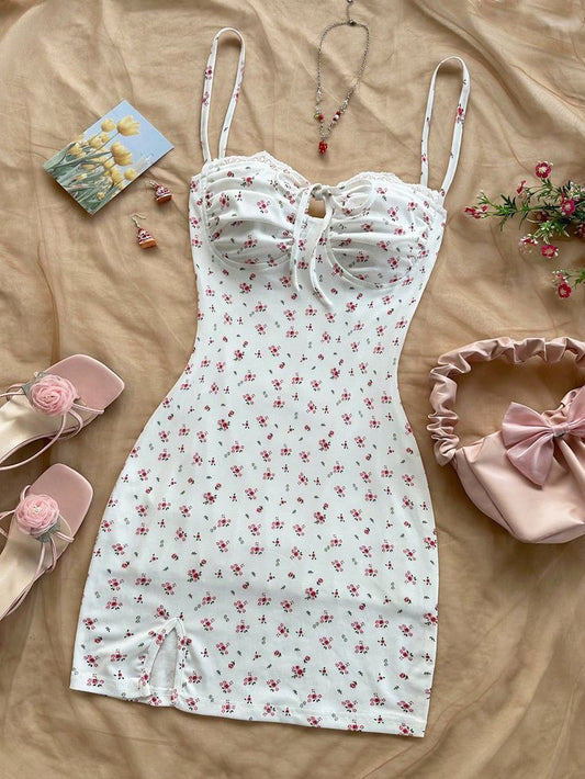 Pretty Mermaid Spaghetti Straps Satin Printing Floral Short Prom Dress,Homecoming Dress,Birthday Dress GG3235