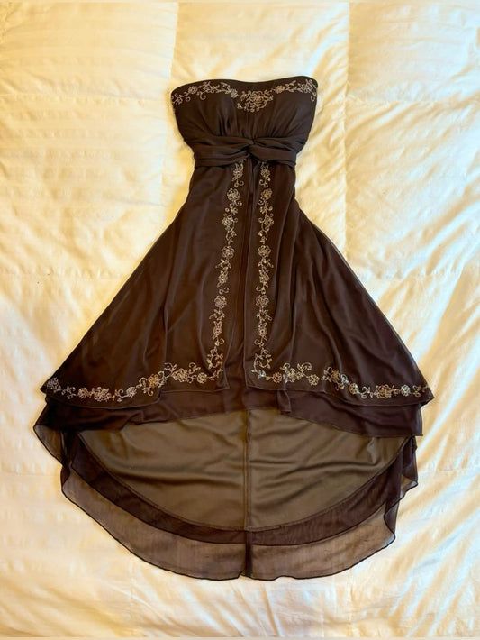 Chic A Line Strapless Chocolate Chiffon Applique Short Prom Dress,Homecoming Dress,Birthday Dress GG3240