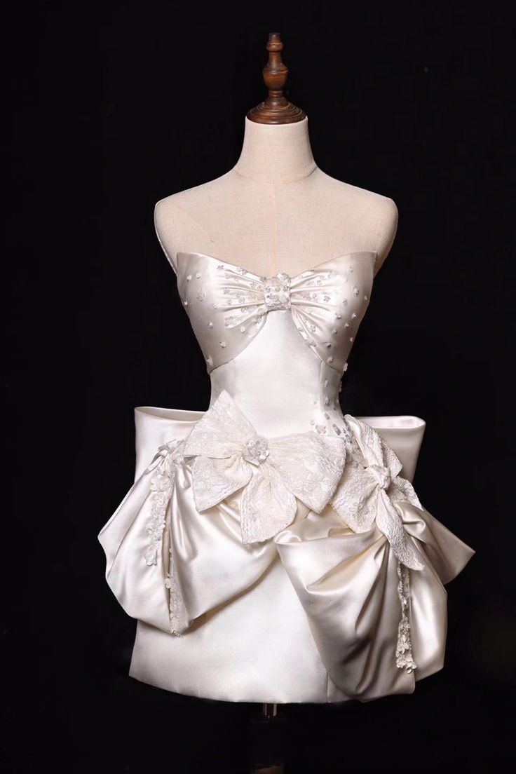 Pretty A Line Strapless Satin Beaded Short Prom Dress,Homecoming Dress,Birthday Dress GG3295